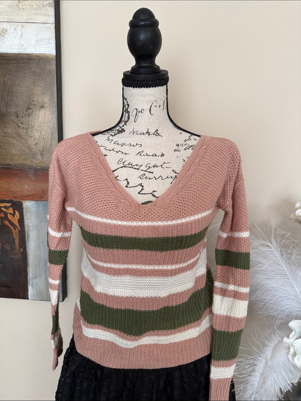 Striped V-Neck Knit Sweater in Dusty Rose, Olive & Cream